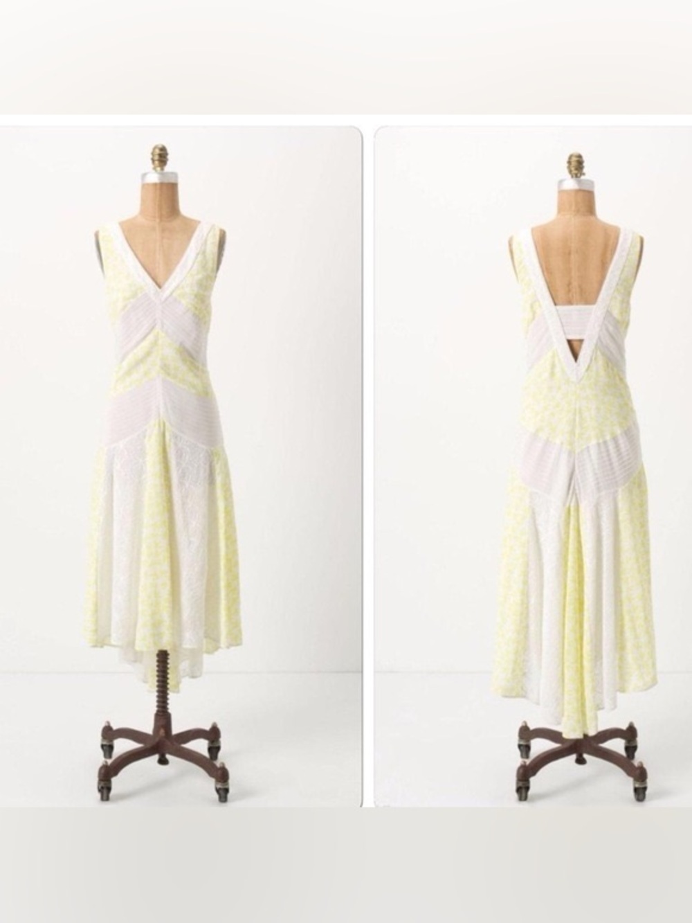 Anthropologie Boho Cottagecore Leifnotes Light Yellow & White‎ V‑Neck Midi Dress